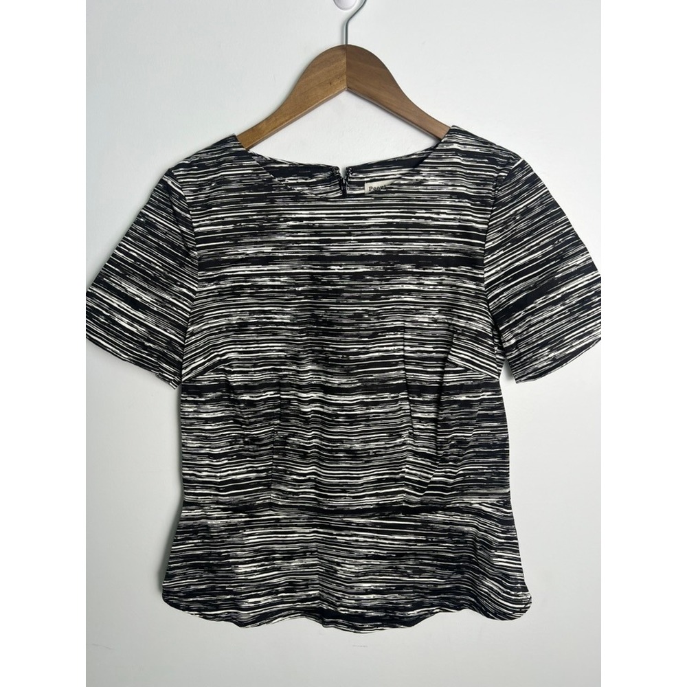 People Tree Wm‎ 12 Organic Cotton Peplum Top Black White Stripe Shirt Minimalist